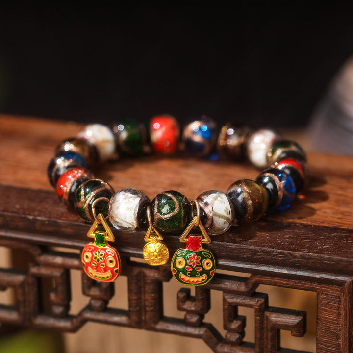 Pulsera de la suerte con cuentas de cristal Liuli, Buddha Stones, cinco elementos, oro, bestia tragadora, familia - Familia de bestias tragadoras planas rojas, verdes y doradas de Liuli Glass Bead&Flat - 14 mm (15 cuentas) - image 7