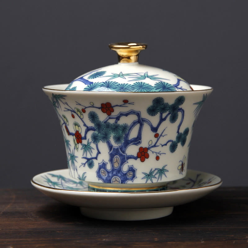 Buddha Stones Retro, flor de ciruelo, pino, bambú, Phoenix, Kirin, cerámica, Gaiwan Sancai, taza de té de Kung Fu y platillo con tapa