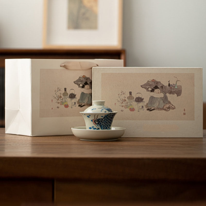 Buddha Stones Koi Arowana cerámica Gaiwan Sancai taza de té Kung Fu con tapa 130ml