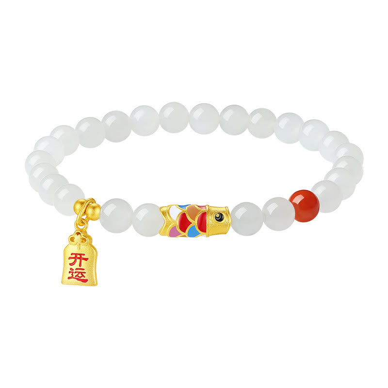 Pulsera de plata de ley 925 con Buddha Stones , jade blanco hetiano, ágata roja, pez Koi, suerte y felicidad - image 10