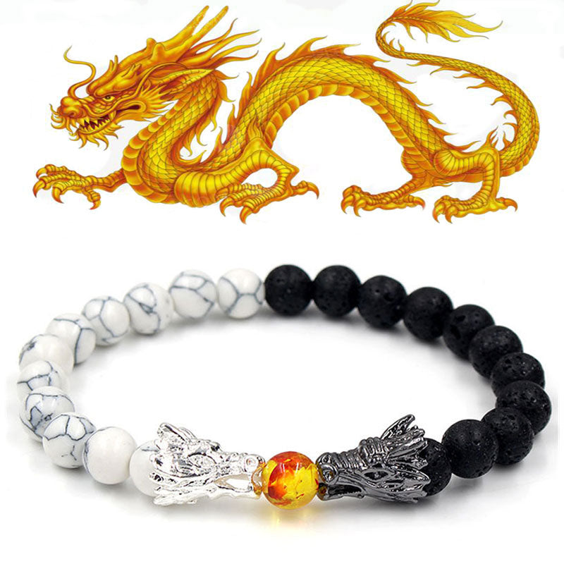 Pulsera con cuentas de bendición de dragón de roca de lava, turquesa blanca, Buddha Stones - image 0