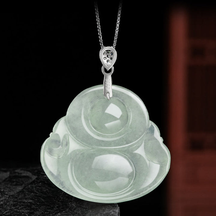 Buddha Stones Plata de Ley 925 Jade Natural Buda sonriente prosperidad abundancia cadena collar colgante