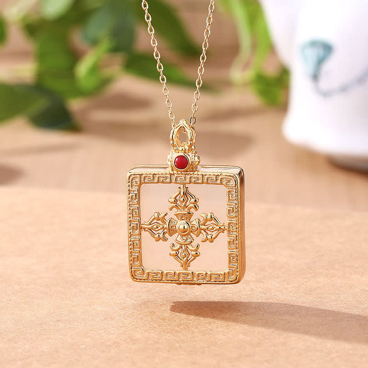 Colgante de collar de suerte con doble Dorje de jade blanco chapado en oro de 24 quilates - Jade Blanco (Protección♥Felicidad) - image 0
