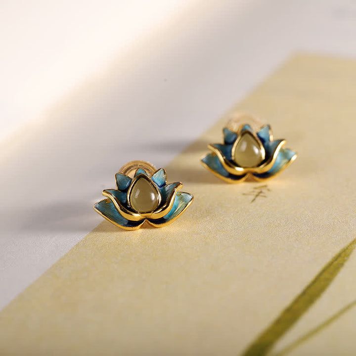 Pendientes de éxito de flor de loto de jade cian hetiano de plata de ley 925