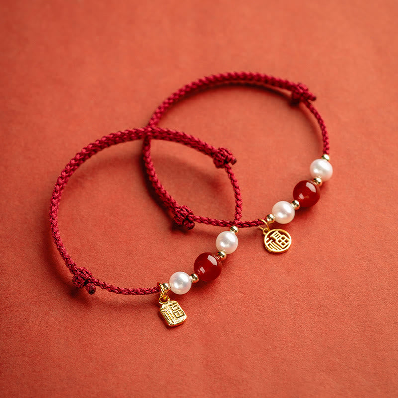 Pulsera trenzada de hilo rojo con perlas de ágata y personaje de buena fortuna, Plata de Ley 925 con Buddha Stones