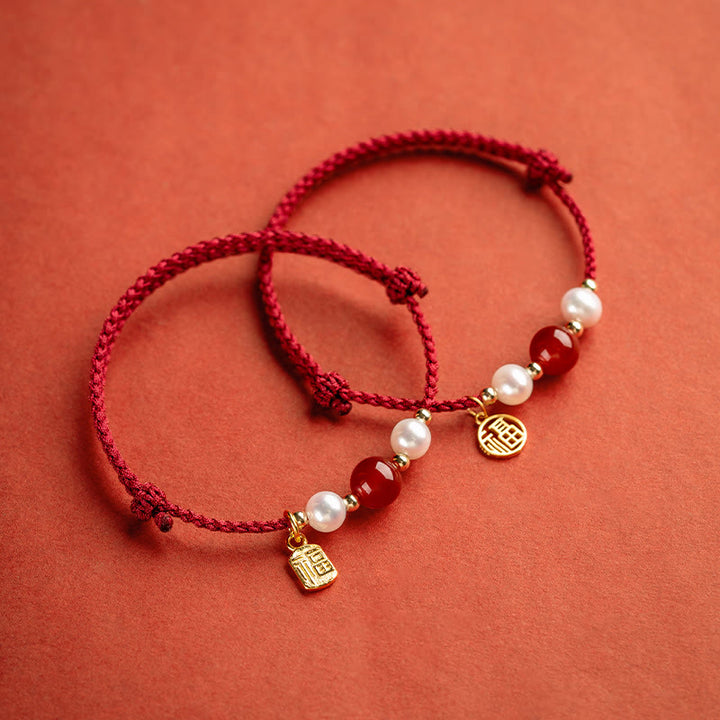 Pulsera trenzada de hilo rojo con perlas de ágata y personaje de buena fortuna, Plata de Ley 925 con Buddha Stones