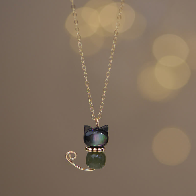 Collar con colgante de gato y gatito de la suerte, concha de jade hetiano, perla chapada en oro de 14 quilates con Buddha Stones - Normal chapado en oro de 14 quilates - Jade concha y cian - image 8