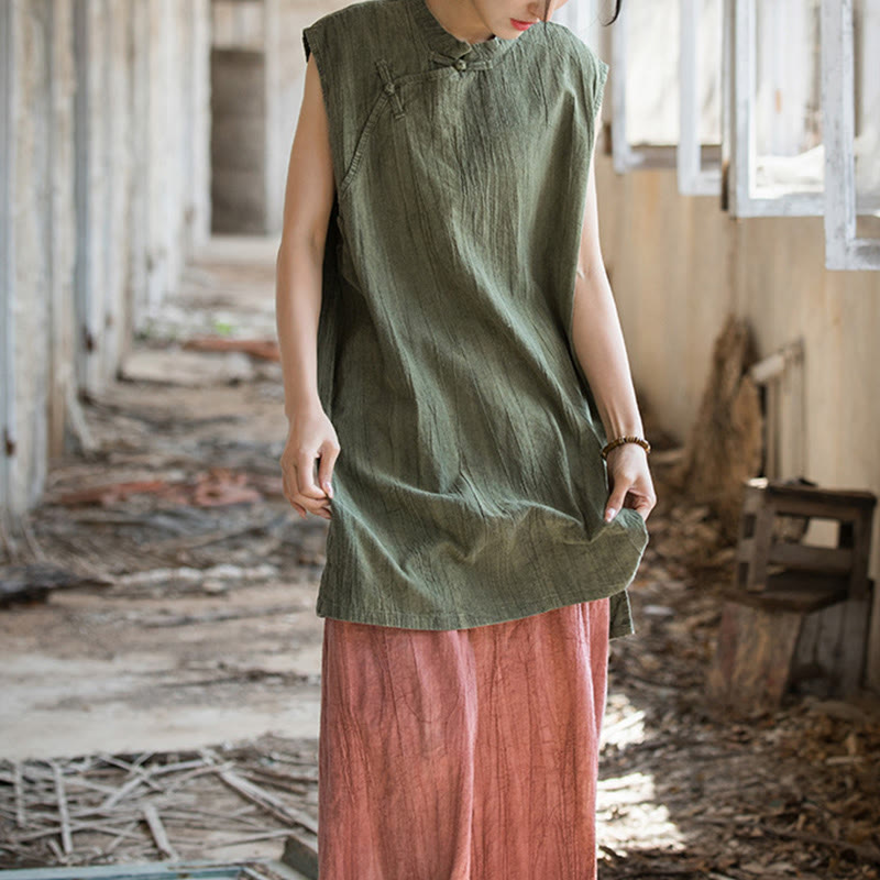 Camiseta sin mangas con botones de rana de lino y ramio teñida anudada hecha a mano con Buddha Stones