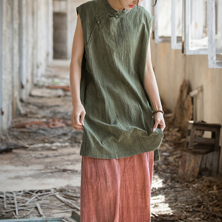 Camiseta sin mangas con botones de rana de lino y ramio teñida anudada hecha a mano con Buddha Stones