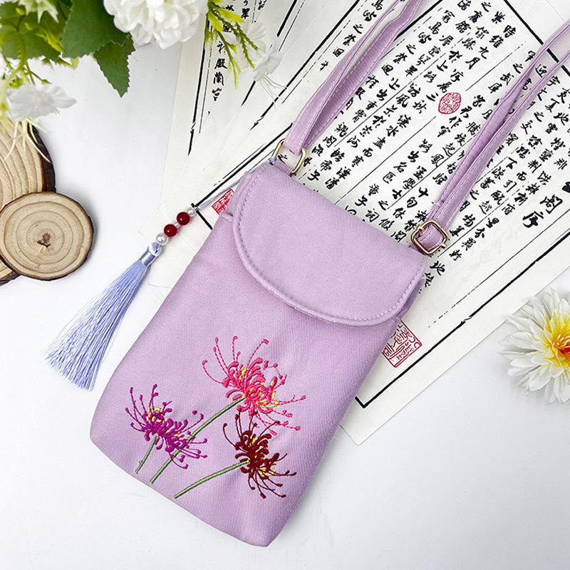 Bolso bandolera con flores bordadas pequeñas y Buddha Stones, bolso de hombro, bolso para móvil de doble capa
