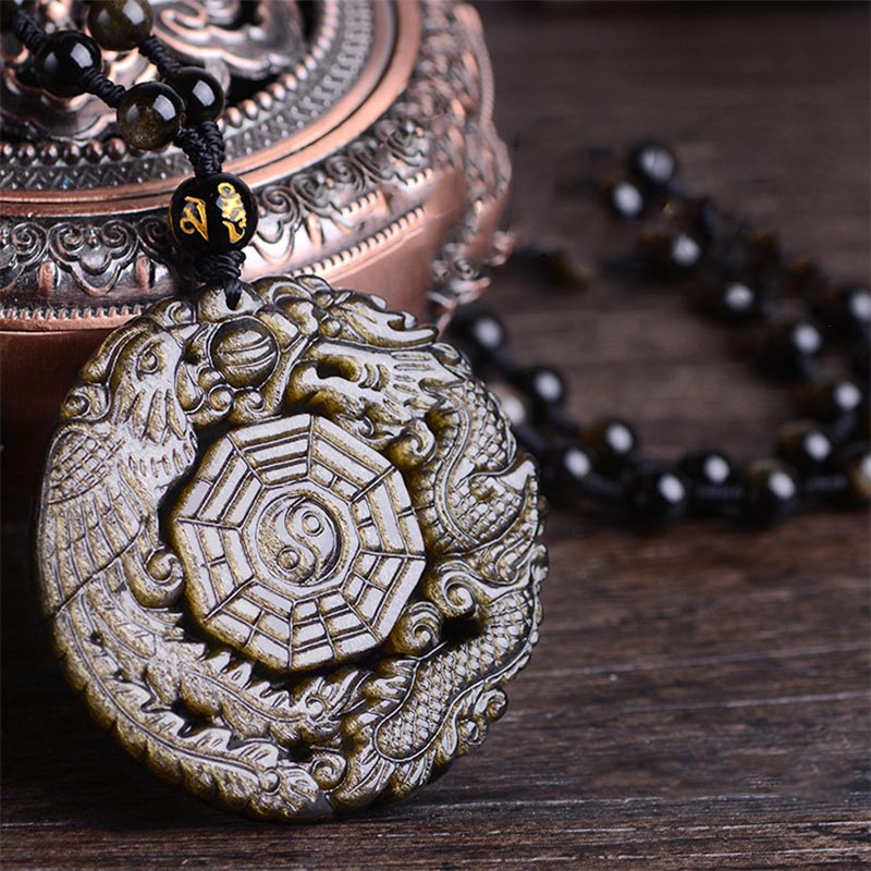 Colgante de collar de energía curativa de obsidiana dorada con Buddha Stones