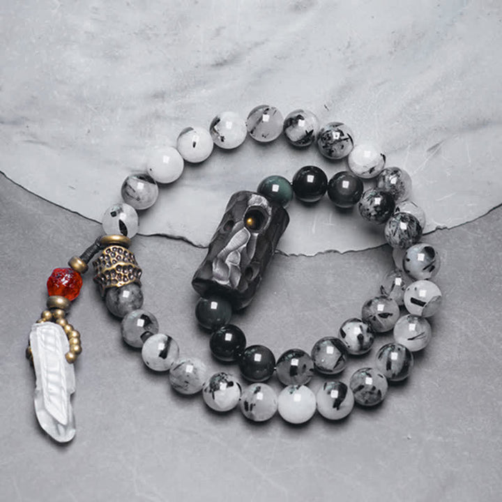 Pulsera de pareja de éxito de cristal blanco de madera de ébano de cuarzo rutilado negro