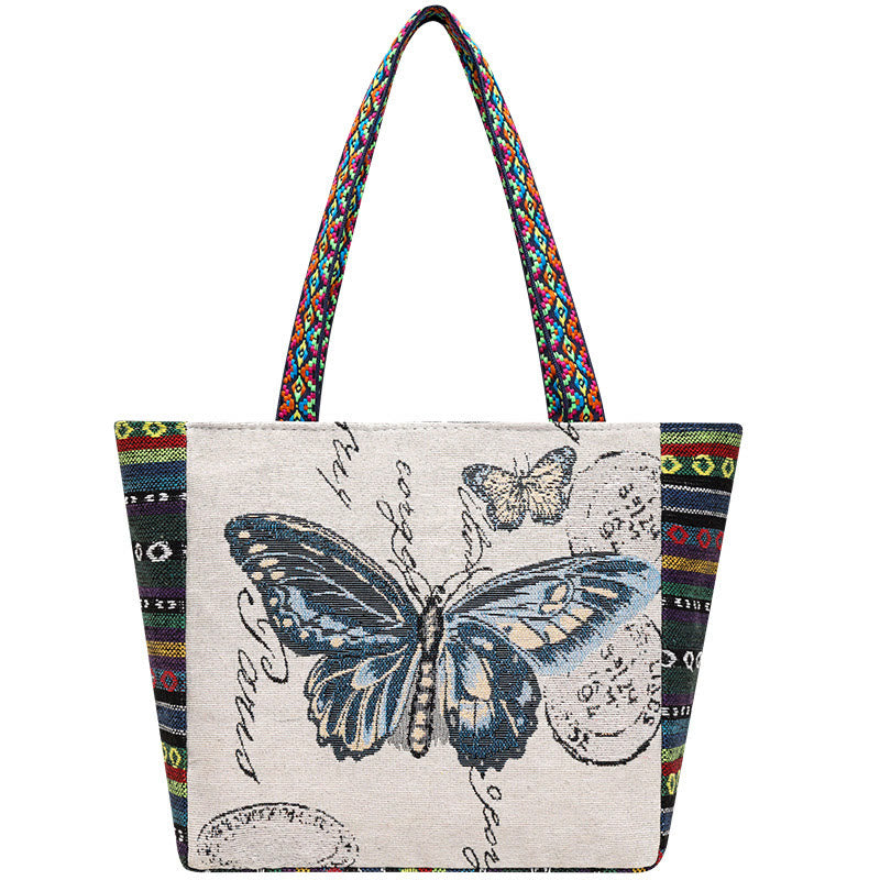 Bolso bandolera de lona de gran capacidad con bordado de mariposa y elefante