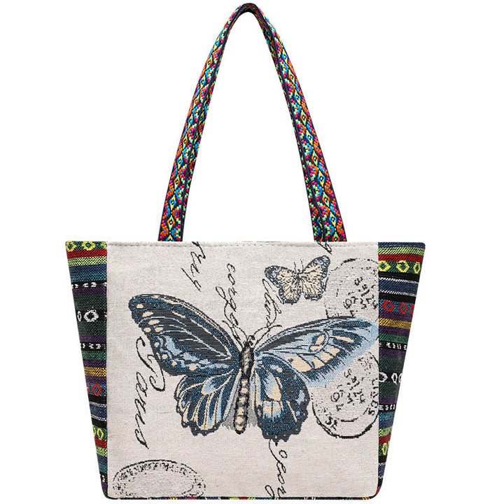 Bolso bandolera de lona de gran capacidad con bordado de mariposa y elefante