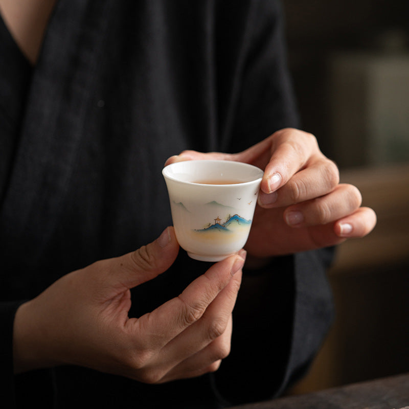 Taza de té de cerámica con Buddha Stones, flor de loto, hoja, montaña, pabellón, alce, peonía, taza de té de Kung Fu