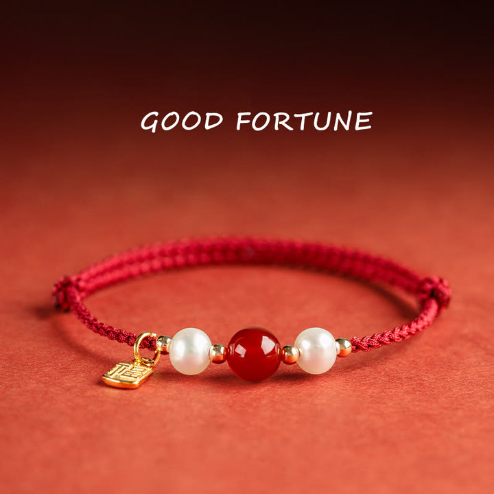 Pulsera trenzada de hilo rojo con perlas de ágata y personaje de buena fortuna, Plata de Ley 925 con Buddha Stones - Amuleto de la fortuna de plata de ley 925 con carácter Fu (circunferencia de muñeca: 14-18 cm) - image 0