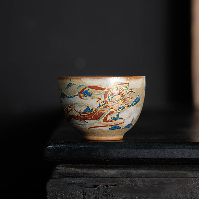 Taza de té de cerámica Gaiwan Sancai de Dunhuang Flying Apsaras con Buddha Stones, taza de té de Kung Fu con tapa