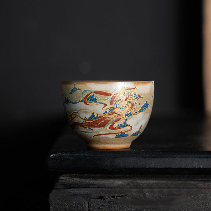 Taza de té de cerámica Gaiwan Sancai de Dunhuang Flying Apsaras con Buddha Stones, taza de té de Kung Fu con tapa