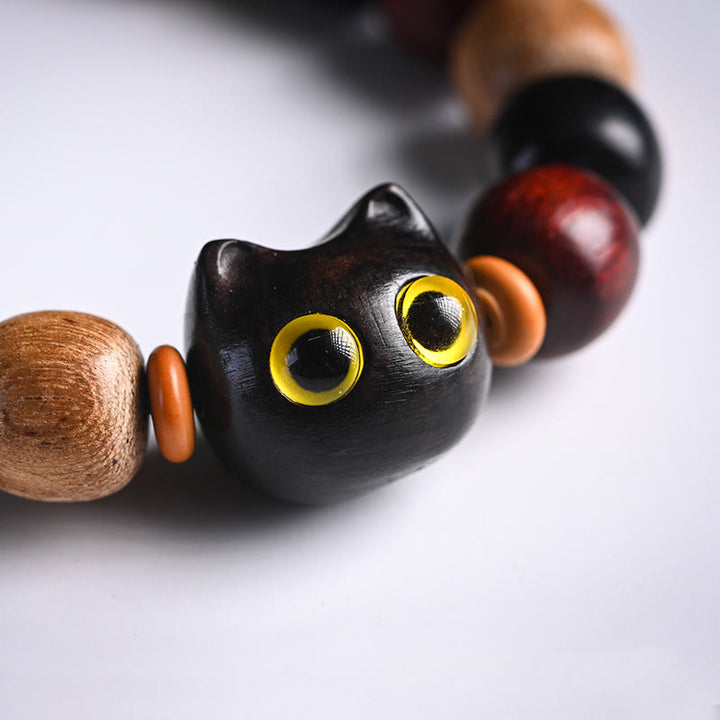 Pulsera de protección con grabado de gato lindo de madera de ébano de sándalo rojo de hoja pequeña con Buddha Stones - image 8