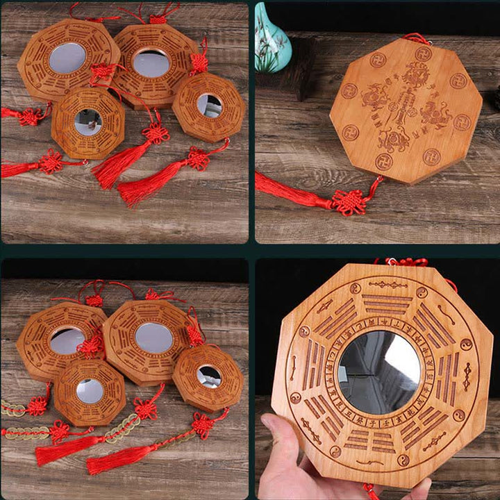 Feng Shui Bagua Mapa Madera de Durazno Monedas de Cinco Emperadores Equilibrio de Nudos Chinos Espejo de Mapa de Energía