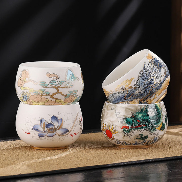 Buddha Stones, dragón, cigarra, bambú, ciervo, grulla, flor de loto, ciruela, taza de té de cerámica, taza de té de Kung Fu, tazón de 185ml
