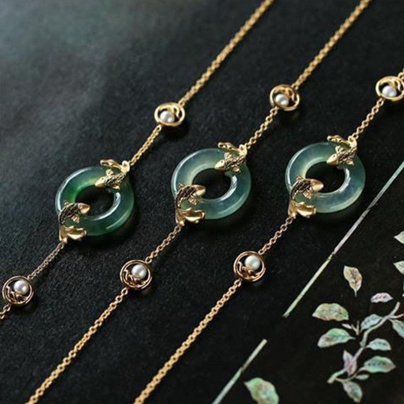 Pulsera de armonía curativa con peces Koi de jade cian y Buddha Stones