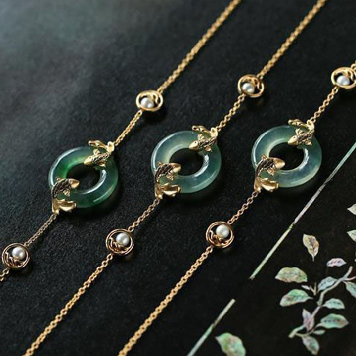 Pulsera de armonía curativa con peces Koi de jade cian y Buddha Stones