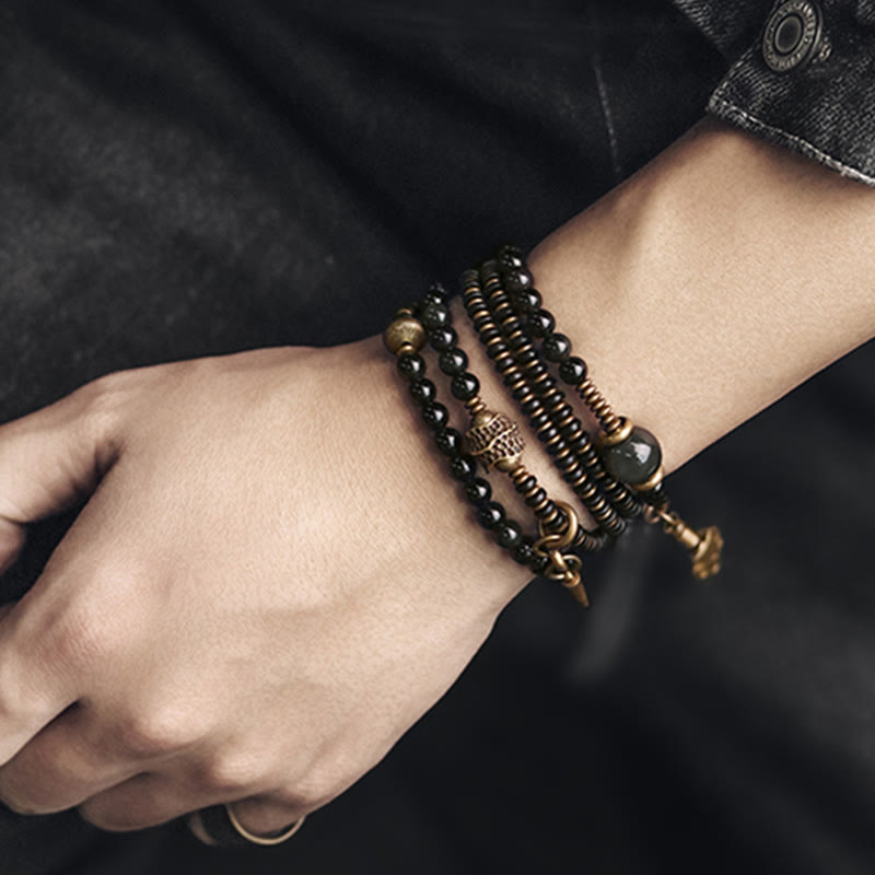 Pulsera multicapa positiva de cobre y madera de ébano, obsidiana, arcoíris , Buddha Stones
