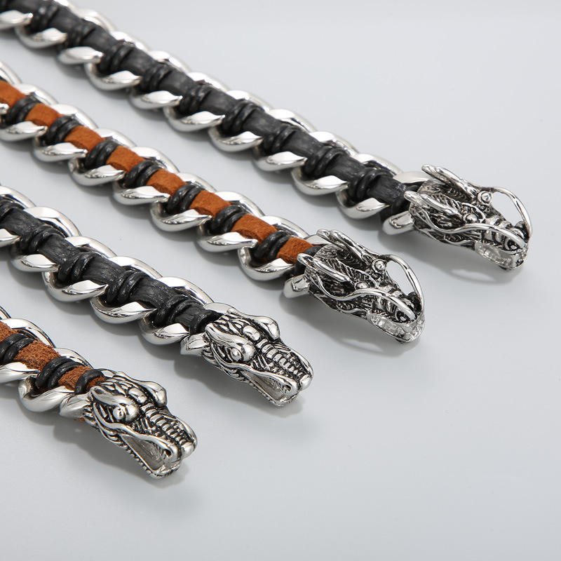 Pulsera trenzada de la suerte con protección de acero titanio y cuero de dragón
