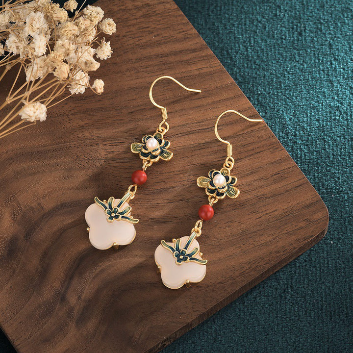 Pendientes de cobre con abundancia de jade, trébol de cuatro hojas de la suerte, Buddha Stones