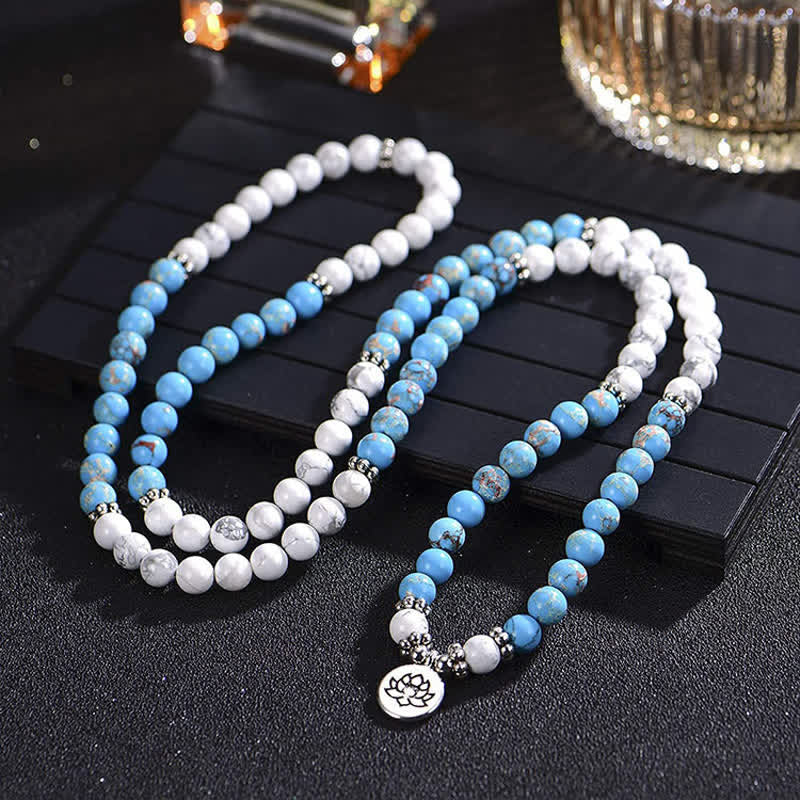 Pulsera de bendición de loto de piedra emperador turquesa blanca de 108 cuentas Mala