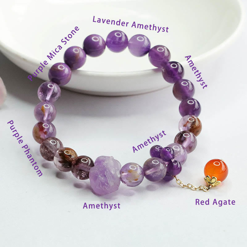 Pulsera de conciencia espiritual con Buddha Stones, amatista natural, púrpura, piedra fantasma