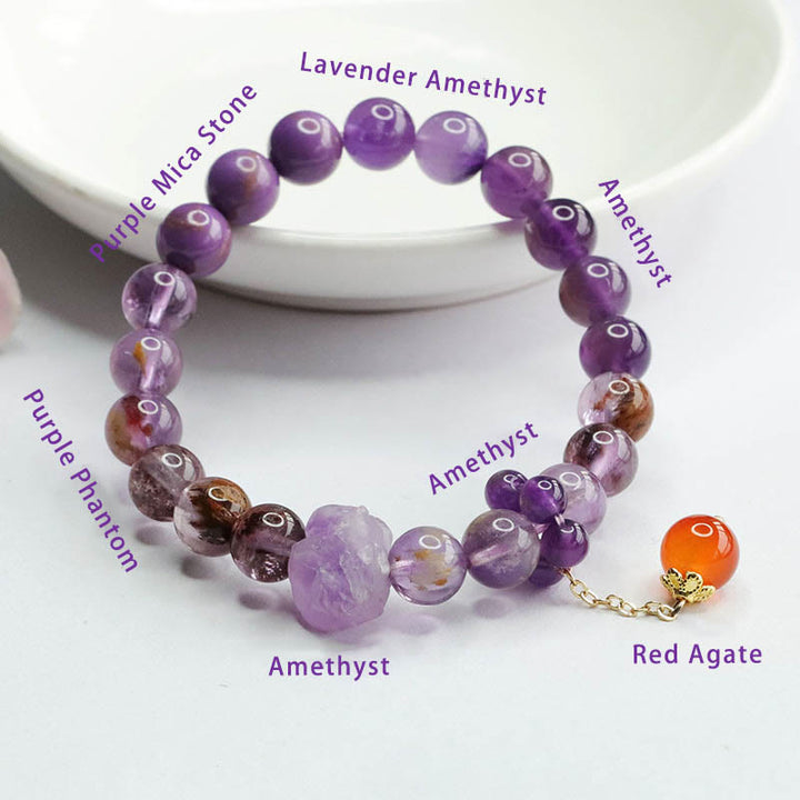 Pulsera de conciencia espiritual con Buddha Stones, amatista natural, púrpura, piedra fantasma