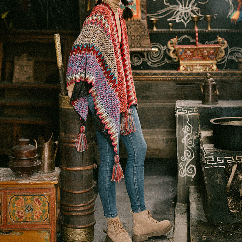 Buddha Stones, capa cálida tejida, bufanda tibetana con borlas - image 7