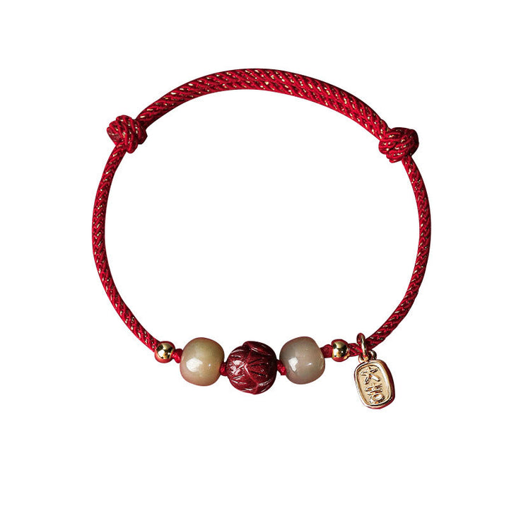 Pulsera de cuerda hecha a mano con Buddha Stones chapadas en oro de 14 quilates, jade hetiano, cinabrio, suerte de loto - image 5