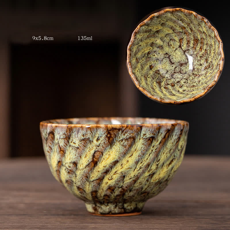 Tazas de té de cerámica con diseño de flor de melocotón y Buddha Stones