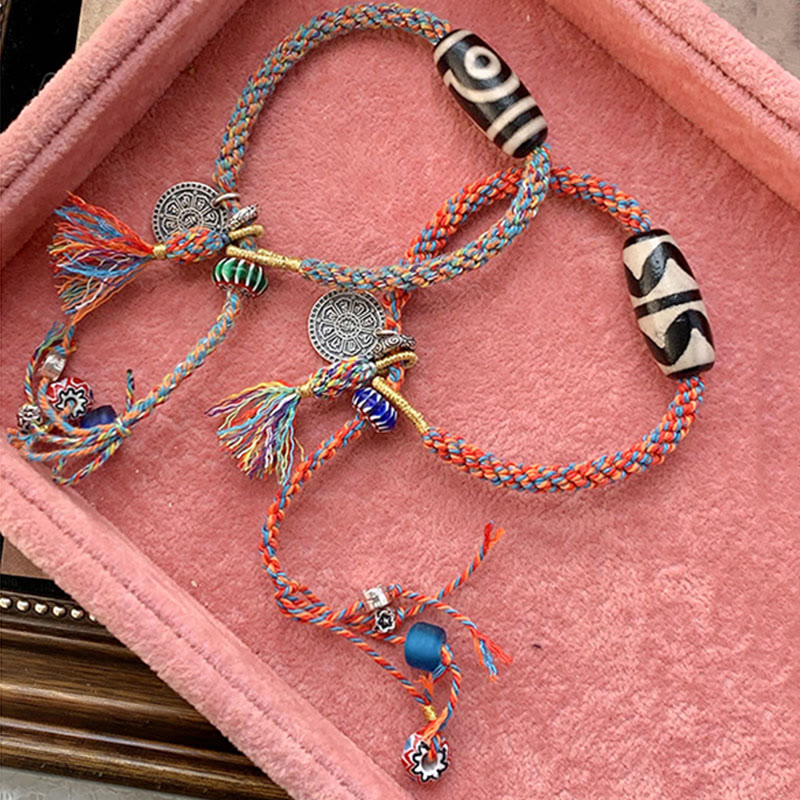 Pulsera trenzada de protección de cuentas Dzi hecha a mano Om Mani Padme Hum de plata de ley 925 tibetana