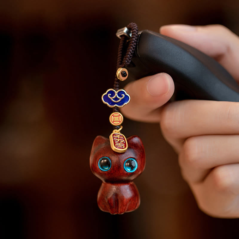 Buddha Stones, hoja pequeña, sándalo rojo, madera de ébano, gato de la suerte, llavero de protección, decoración colgante para teléfono