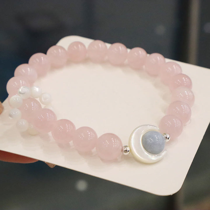 Pulsera de plata de ley 925 con Buddha Stones, amatista natural, aguamarina, cristal rosa, ojo de gato, luna creciente curativa