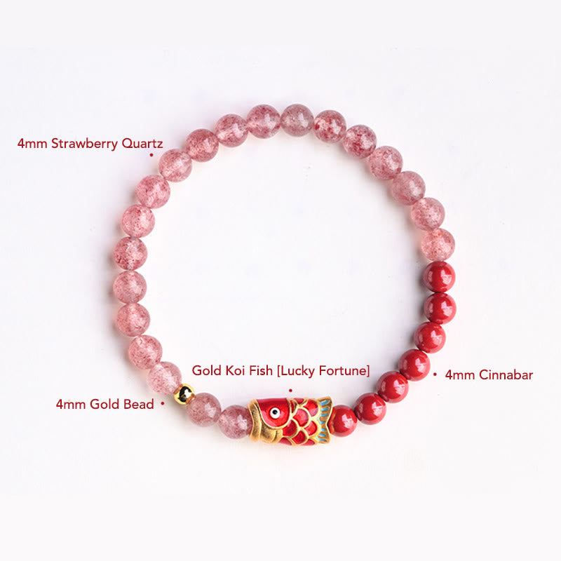 Pulsera curativa de peces Koi de la suerte, cinabrio, cuarzo fresa Natural, Buddha Stones