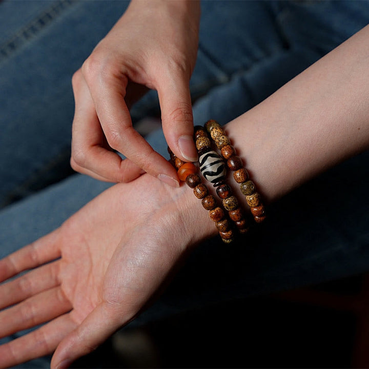 Buddha Stones tibetano Bodhi semilla ámbar Dzi cuentas ágata Zakiram diosa de la riqueza cuentas Triple envoltura pulsera
