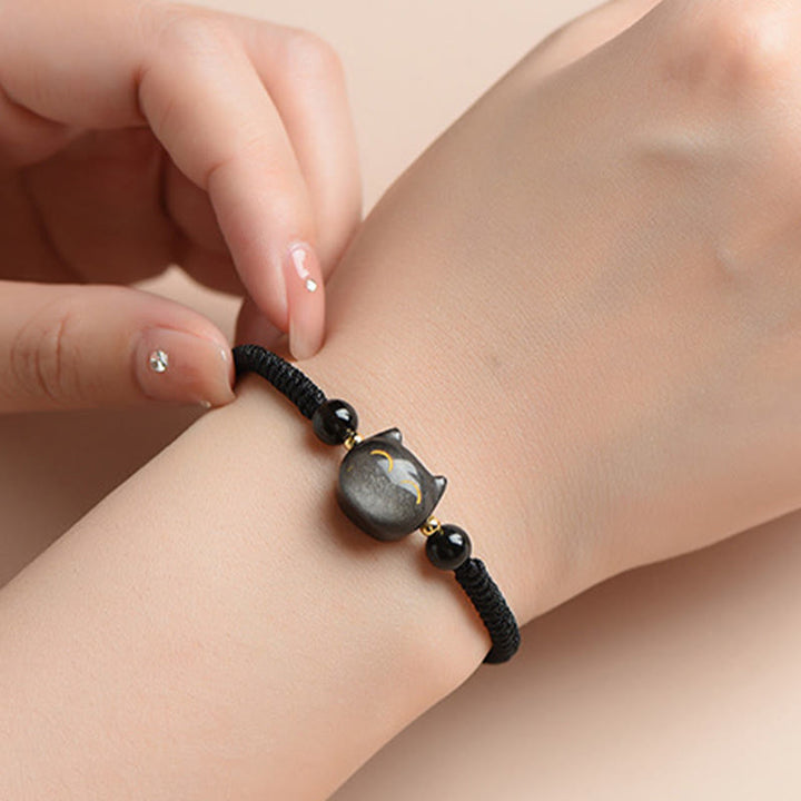 Buddha Stones hechas a mano, plata Natural brillante, obsidiana, cuarzo fresa, pulsera trenzada de protección de gato lindo - image 4