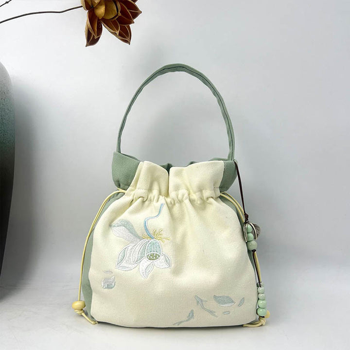 Bolso bandolera con Buddha Stones, bordado, mariposa, loto, magnolia, algodón y lino