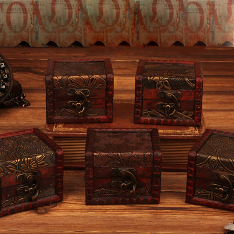 Caja de joyería de madera cuadrada pequeña Retro con Buddha Stones , flor de loto, uva, cobre, moneda, narciso, caja de almacenamiento de joyería