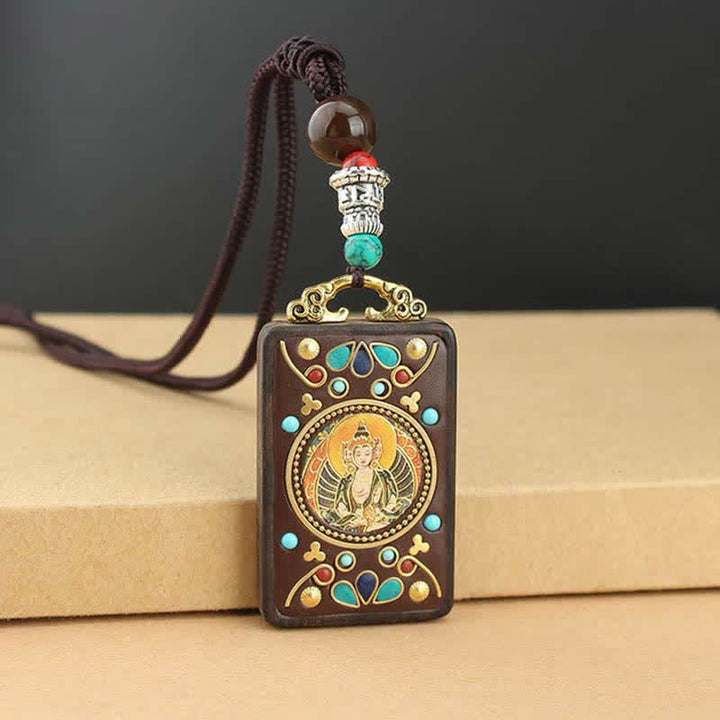 Colgante de collar de paz de ébano Thangka, dios de la riqueza del Tíbet, Buddha Stones - image 10
