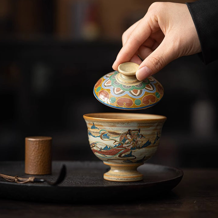 Taza de té de cerámica Gaiwan Sancai de Dunhuang Flying Apsaras con Buddha Stones, taza de té de Kung Fu con tapa