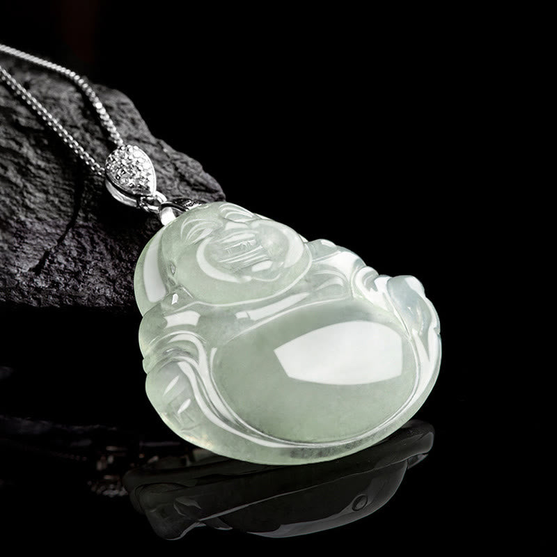 Buddha Stones Plata de Ley 925 Jade Natural Buda sonriente prosperidad abundancia cadena collar colgante