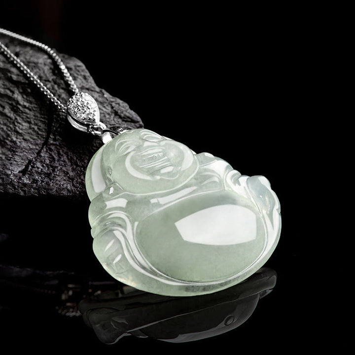 Buddha Stones Plata de Ley 925 Jade Natural Buda sonriente prosperidad abundancia cadena collar colgante
