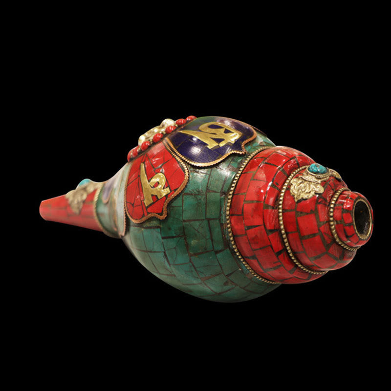 Concha tibetana hecha a mano Shankha Om Mani Padme Hum Buda, decoración de la suerte - image 13