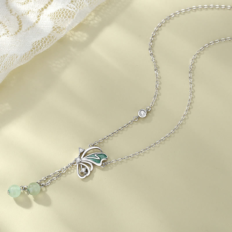 Juego de pendientes con colgante de collar de la suerte de mariposa de aventurina verde natural de plata de ley 925 con Buddha Stones